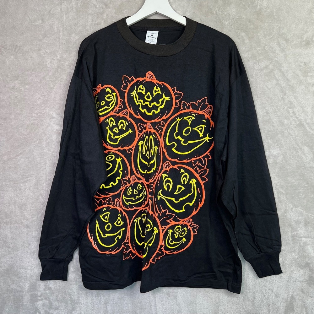 Vintage 90's Hallmark Halloween Shirt Art Pumpkin Smiley Longsleeve Black XL‎